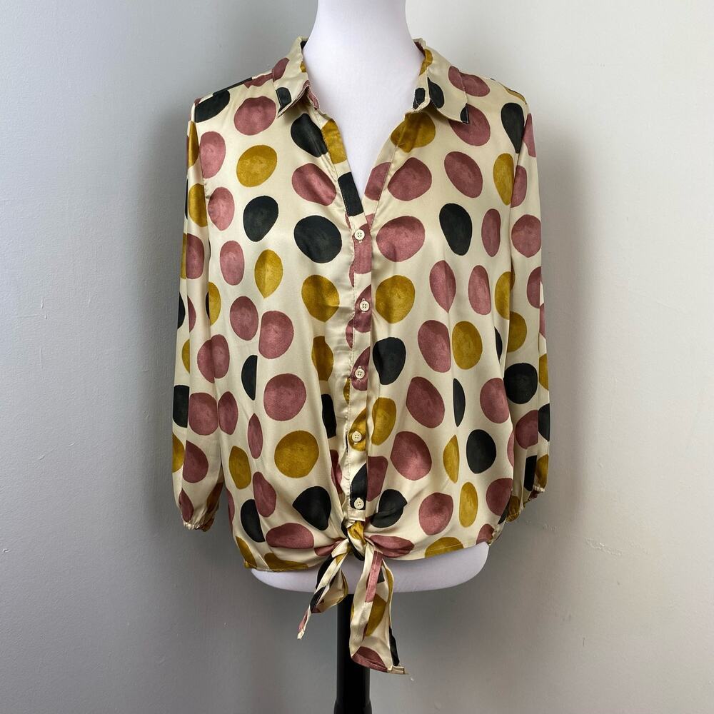 Harve Benard Polyester Polka Dot Button Down Tie Front Blouse XL